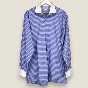 Frank Rostron Dress Shirt Men XL Blue Striped White Trim Cotton A D England